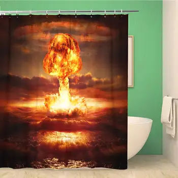 

Bathroom Shower Curtain Red Atomic Explosion Nuclear Bomb in Ocean Yellow Mushroom Polyester Fabric Waterproof Bath Curtain