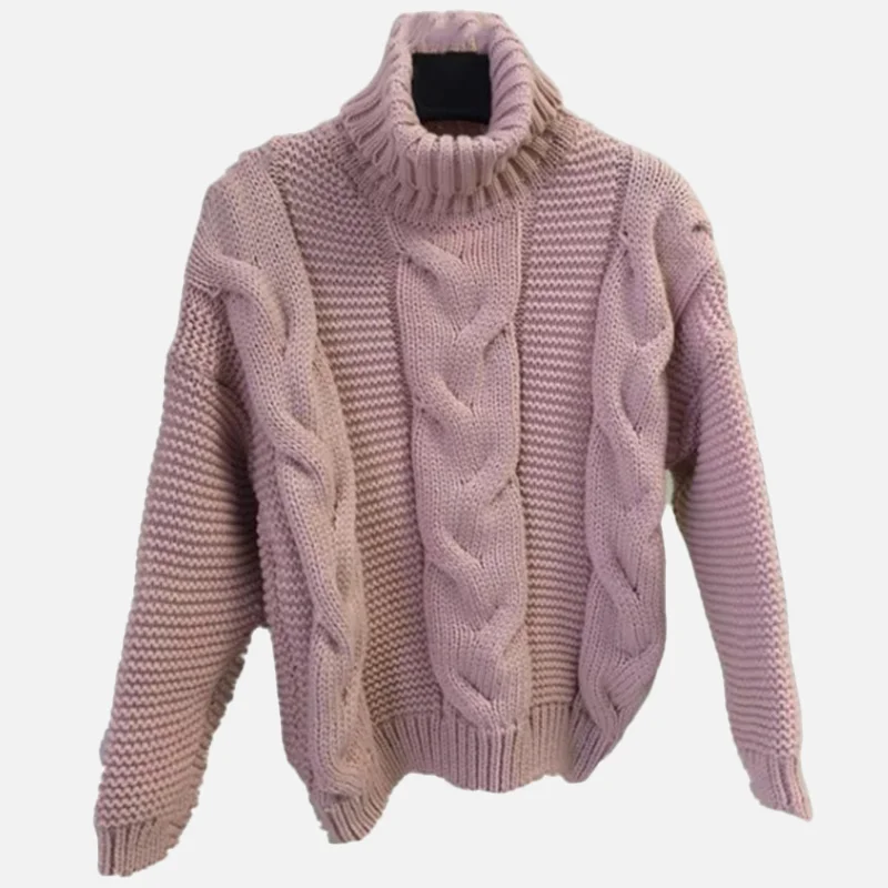 Женский вязаный свитер с воротником под горло, пуловер, повседневные универсальные свитера, женские модные Осенние Зимние Теплые Топы для женщин - Цвет: Розовый