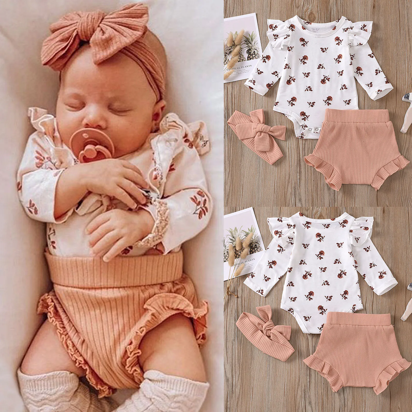 

3-18Months baby girl romper Newborn Infant Baby Girls Flower Print Clothes Romper Pants Hairband Outfits Set Elegant princess M4