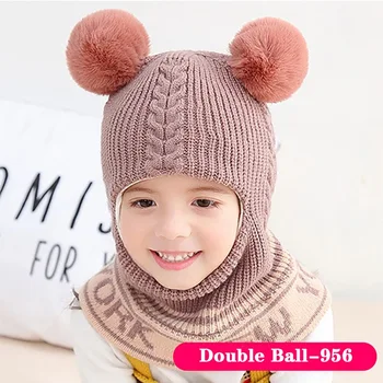 

Winter 2 In 1 Knit Beanie Hat Scarf Warm Ski Cap With Ear Design Pom Windproof Mask For Kids