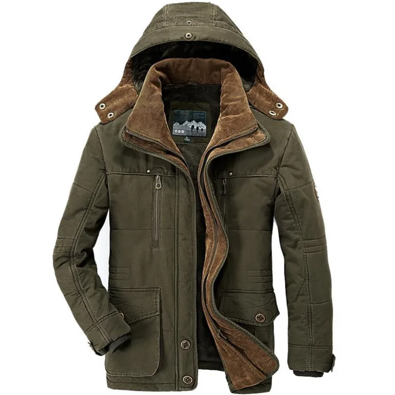 Теплая зимняя хлопковая куртка для мужчин теплая Толстая куртка плюс бархатная куртка длинная секция повседневное пальто с капюшоном мужское теплое пальто M-6XL - Цвет: Армейский зеленый