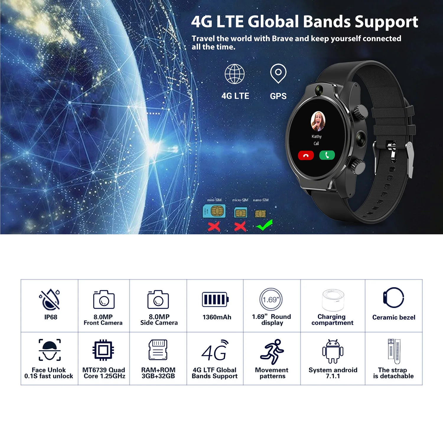 Rogbid Brave 4G LTE Smart Watch Front/Side Camera