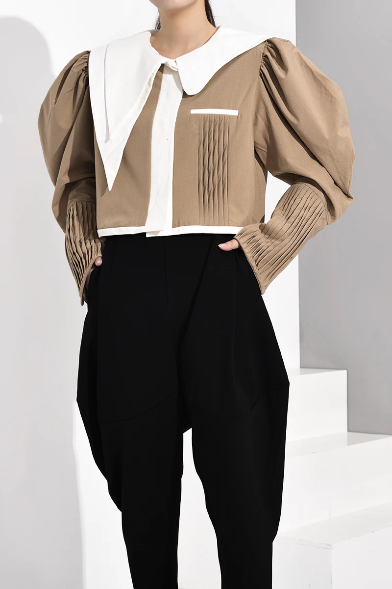 [EAM] Женская плиссированная Блузка цвета хаки с разрезом, новая свободная рубашка с отворотом и длинным рукавом, модная весенняя Осенняя JZ3250