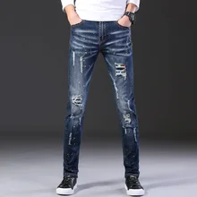Брендовые Новые мужские джинсы, рваные джинсы для мужчин, деним, хлопок, облегающие, с дырками на коленях, синие мужские брюки,#686