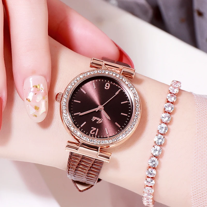 

Watch women ladies watch quartz wristwatches brand luxury leather watches diamond round Fashion Casual women clock waterproof