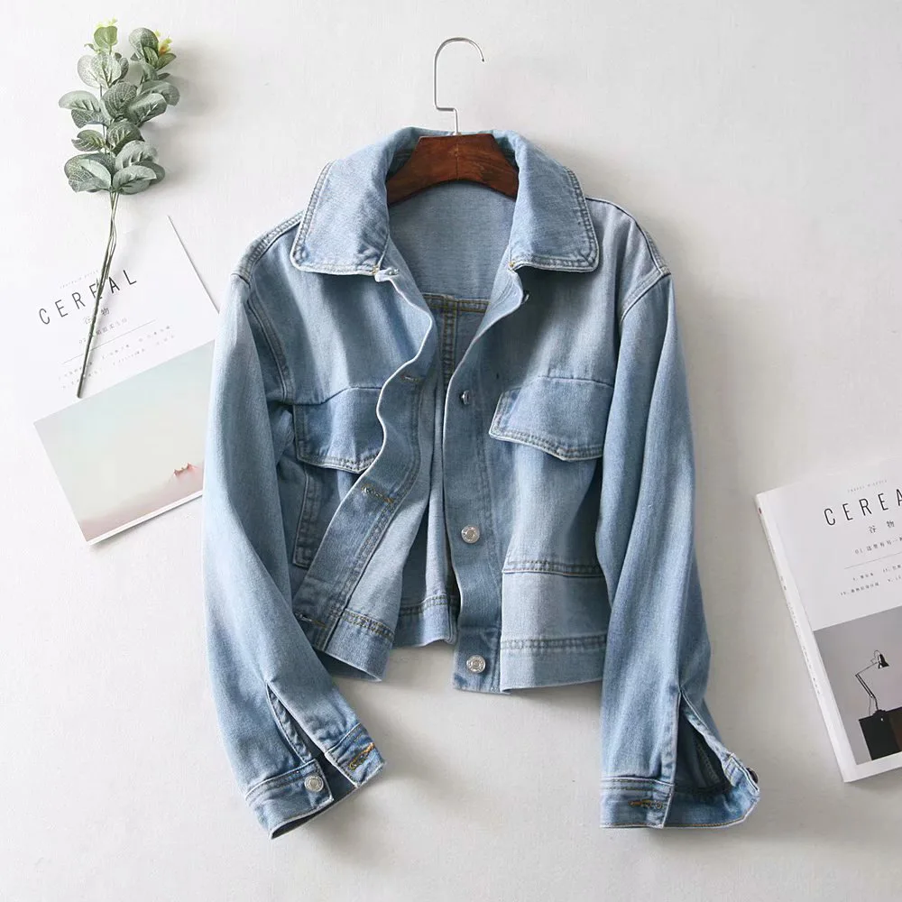 

Tjjnz Western Style 2018 Autumn New Style Washing Fold-down Collar Dual Pocket WOMEN'S Denim Coat 2713