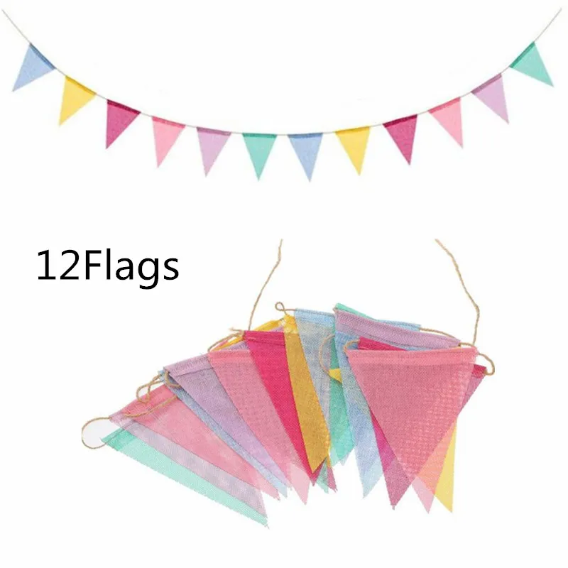 Birthday Banner Party Decorations 12 Flags Colorful Jute Linen Flags Pennant Birthday Bunting Banners Wall Hanging Wedding Banner Party Garland for Home Decor