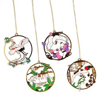 

Ruihe Colorful Fairy Crane Creative Brass Color Fan Pendant Metal Bookmark Aesthetic Chinese Style Student Gifts