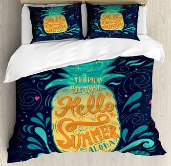 

Tropical Duvet Cover Set Hello Summer Words Pineapple with Hearts Swirls and Teardrop Shapes Background Decorative 3 Piece Beddi