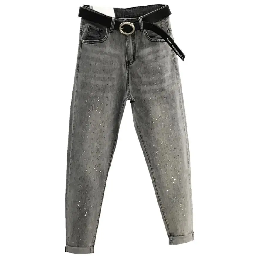 Дымчатые серые джинсы женские Осенние новые модные шаровары с высокой талией со стразами Большие размеры 26-31 - Цвет: gray