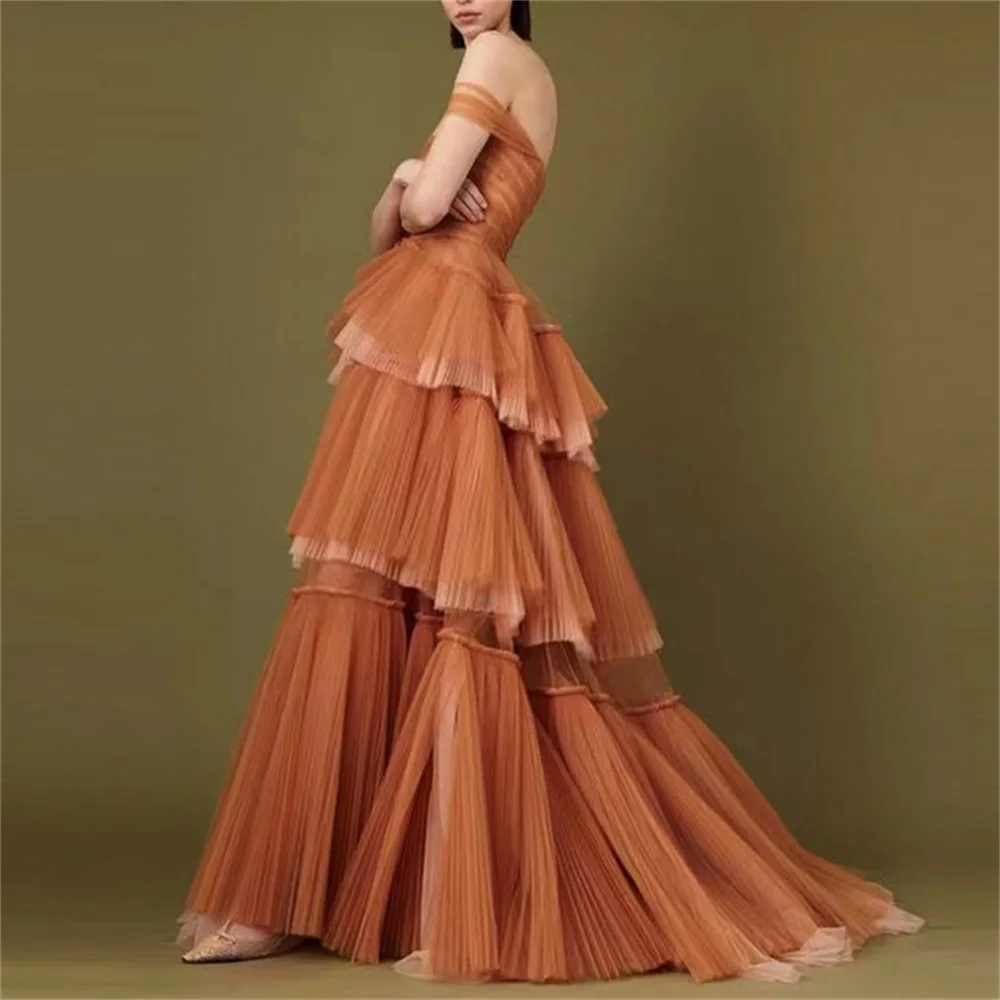 Elegant Orange Prom Dresses Multilayered Ruffles Off Shoulder Evening Dress Custom Made Floor Length Party Gown
