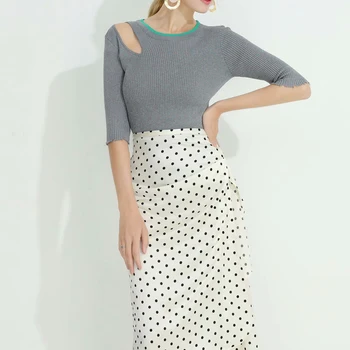 

Knitted Bottoming Stretch Mid-Sleeve Slim-Fitting Top With Polka Dot Print Ruffled Skirt And Two-Piece Women'S Spring And Summer
