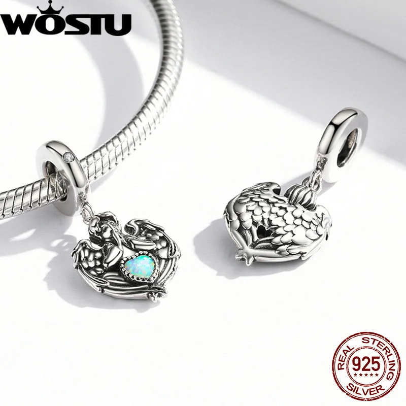 WOSTU 925 Sterling Silver Butterfly Heart Sun Opal Charms Pendants