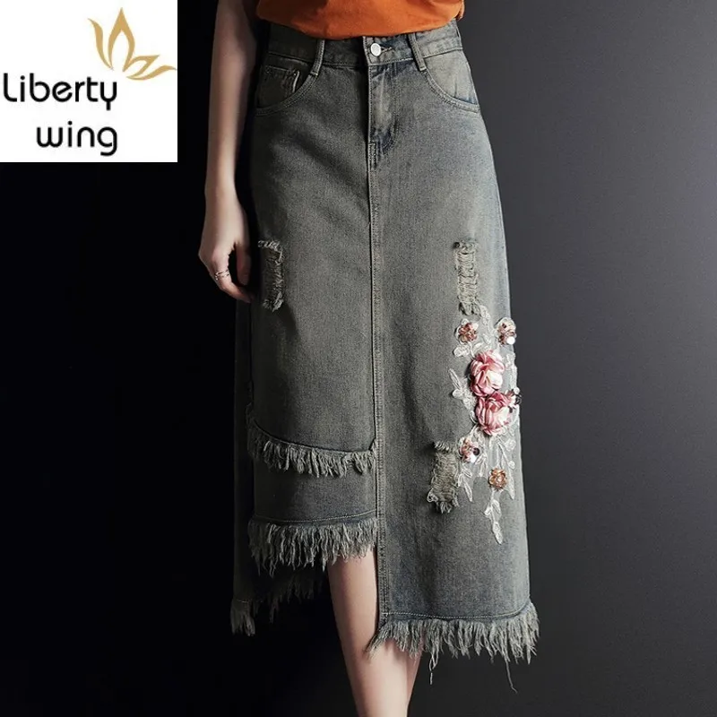 

Spring Summer Vintage Embroidery Sequins Women Denim High Waist Hole Ripped Tassel Slim Asymmetrical Medium Length Skirts