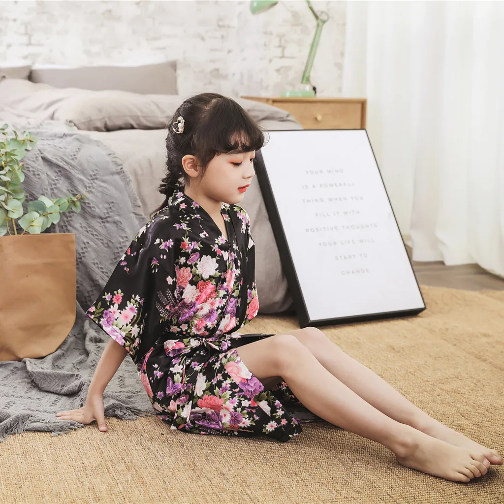 Floral Stain Bath Robe Kids Toddler Baby Kid Girls Floral Silk Kimono Robes Bathrobe Long Sleepwear Girls Clothes Халат Махровый