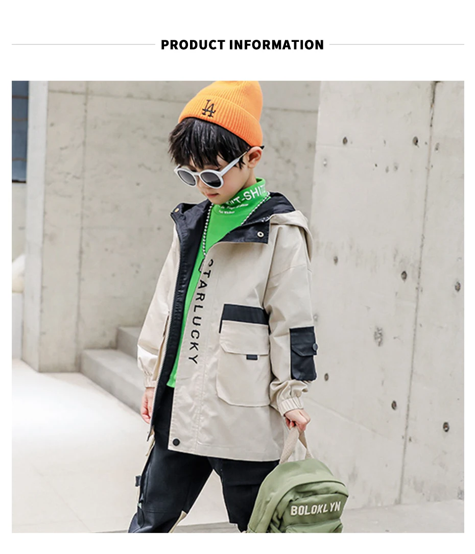 Children's Jacket Letter Print Windbreaker For Boy Long Sleeve Kids Trench Coat Spring Autumn Casual Clothes For Boys Streetwear