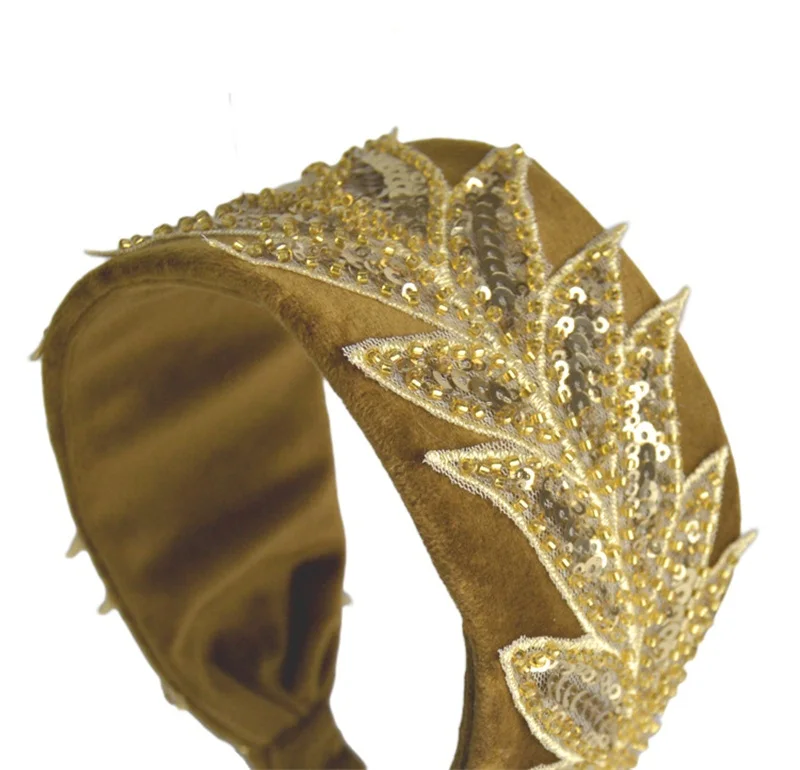 DUOJIAOYAN модный бисерный Блестящий широкий ободок для волос с листочками Блестящий головной убор золотого цвета зимняя замшевая бархатная повязка на голову для женщин