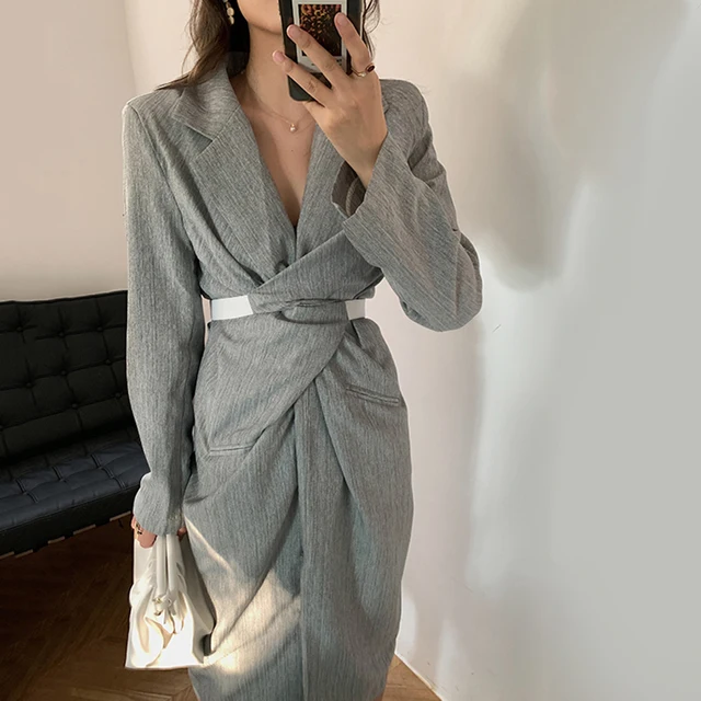 [EAM] Women Gray Pleated Knot Long Elegant Dress New V-collar Long Sleeve Loose Fit Fashion Tide Spring Summer 2020 1W485