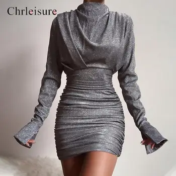 

Sequin Dress Womens Autumn Stand Collar Pleated Dresses Flashing Christmas Dress Women Sexy High-waisted Dress