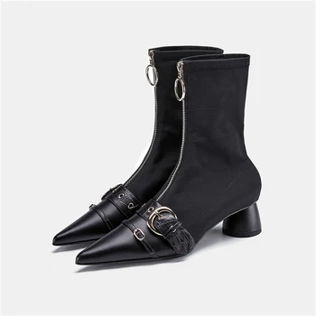 

Pointed Toe Shoes Woman Zipper Boots Woman Buckle Zapatos De Mujer Chunky Heels Botas Mujer Stretch Ladies Shoes Elegant Boots