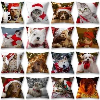 

Cartoon Polyester Square Fluffy Pillowcase with Festive Red Christmas Hat Cats and Dogs Home Decoration Cushion Cover