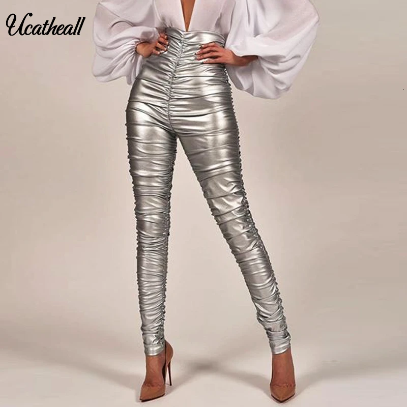 Hiigh Waist Women PU Leather Pants Button Zippers Faux PU Leather Capris High Elasticity Trousers Ruched Fold Long Pants Hiigh Waist Women PU Leather Pants Button Zippers Faux PU Leather Capris High Elasticity Trousers Ruched Fold Long Pants