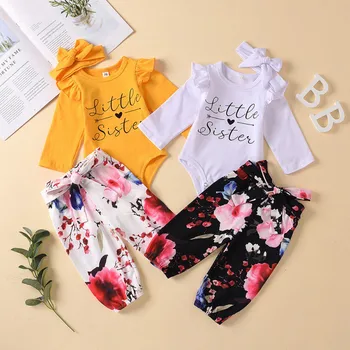

3Pcs Newborn Baby Girl Clothes Set Little Sister Long Sleeve Romper+Floral Pants+Headband Infant Clothing Outfits