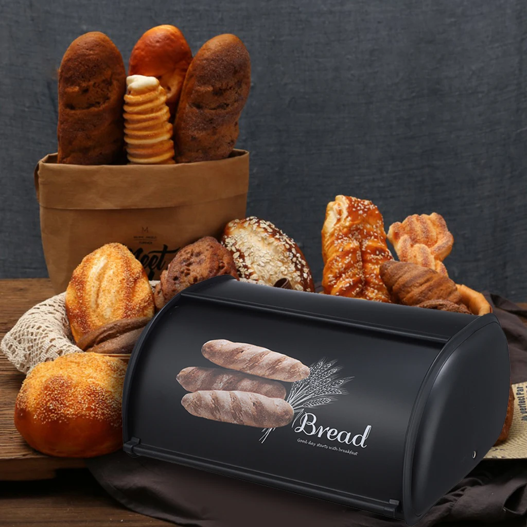 Bread Box for Kitchen Counter Stainless Steel Large Bread Bin Storage Container Holder for Loaves, Pastries, Retro Design, Black