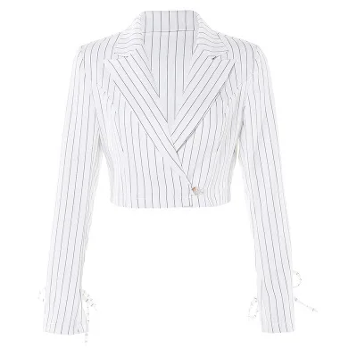 Тонкая Классическая полосатая Женская куртка на одной пуговице, блейзер, повседневный приталенный воротник, женские костюмы, пальто, Блейзер, Femme S141 - Цвет: WHITE