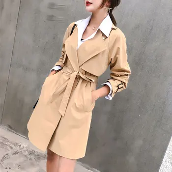 

women trench coat summer spring Korean loose with waist strap blet women's solid color khaki logn coat2020