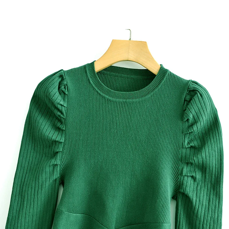 ZOEPO, свитера с круглым вырезом, женские модные одноцветные зеленые Асимметричные свитера, женские элегантные свитера с пышными рукавами, женские Дамские свитера JAE