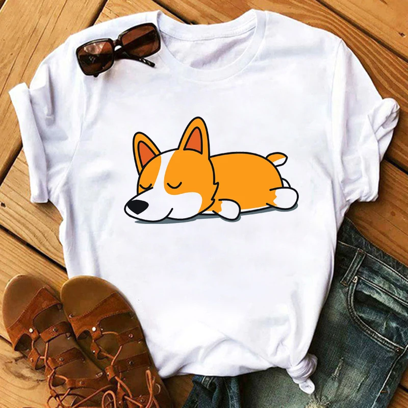 

New Corgi Women T Shirt Kawaii T Shirt Women Harajuku Cute Short Sleeve T-shirt 90s Korean Style Tshirt Fashion Top Tees
