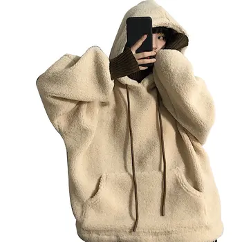 

2020 New Autumn And Winter Sweatshirt Loose BF Plus Velvet Thickening Hooded Drawstring Fake Two Lambs Hoodies Unisex Coat New