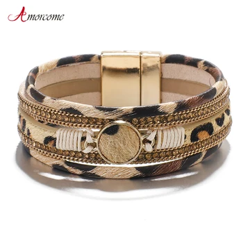 Amorcome Bohemian Leopard Leather Bracelets For Women 2019 Fashion Bracelets & Bangles Crystal Wide Wrap Bracelet Jewelry