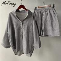 Msfancy lato dwuczęściowy zestaw kobiet 2021 bawełniane spodenki zestawy Vintage Boho obszerna koszula wysokiej talii luźne spodenki Mujer zestawy 4