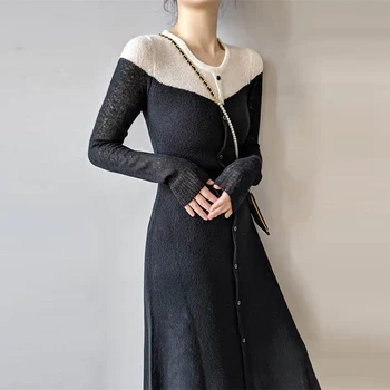 

Women's knit mid-length Slim dress single-breasted black and white elegant korean dress women's dress office lady pli