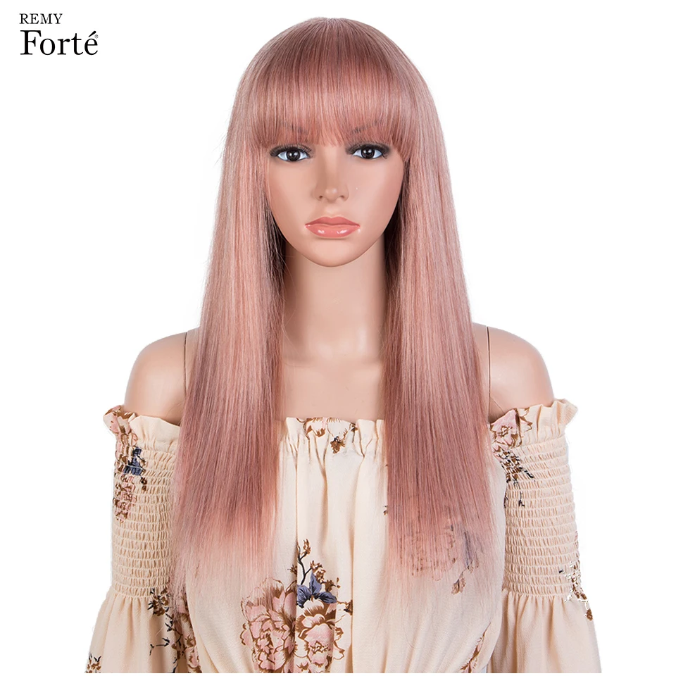 

Remy Forte Bob Wig With Bangs For Woman Blonde Pink Colored Remy Full Machine Made Human Hair Wigs Short Brazilian Straight Wig