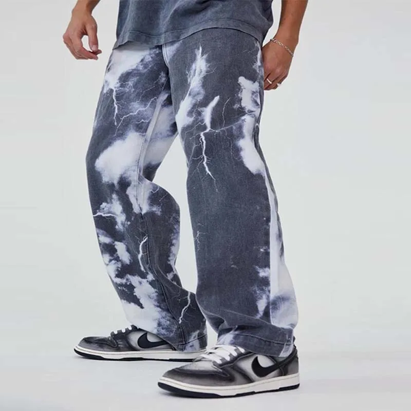 2021 Fashion Men Printed Jeans Lucky Cloud Lightning Pattern Straight Leg High Quality Jean Teen Streetwear Hip Hop Denim Pants