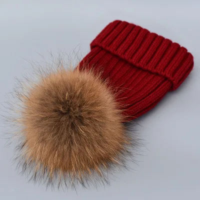 Hot Sale Winter Baby Women Kid Hat Real Fox Fur Hats Mom Baby Hat with Pompon Family Matching Beanie Hairball Kids Cap Outfits - Цвет: O without velvet