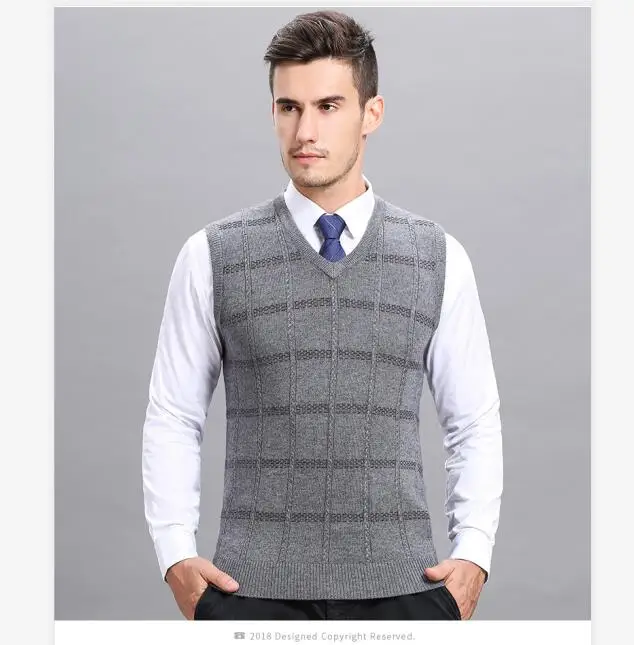 Высококачественный мужской осенне-зимний кашемировый жилет Модный Полосатый мужской шерстяной свитер без рукавов - Цвет: Серый