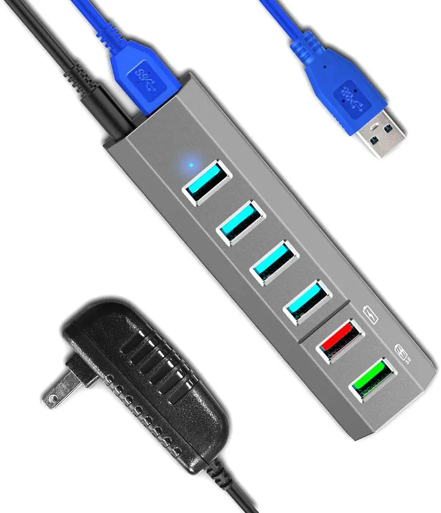 TOPESEL 6 puertos Super alta velocidad USB 3,0 Hub Splitter + 24W adaptador de corriente + Cable USB 3,0, gris cargador rápido inteligente