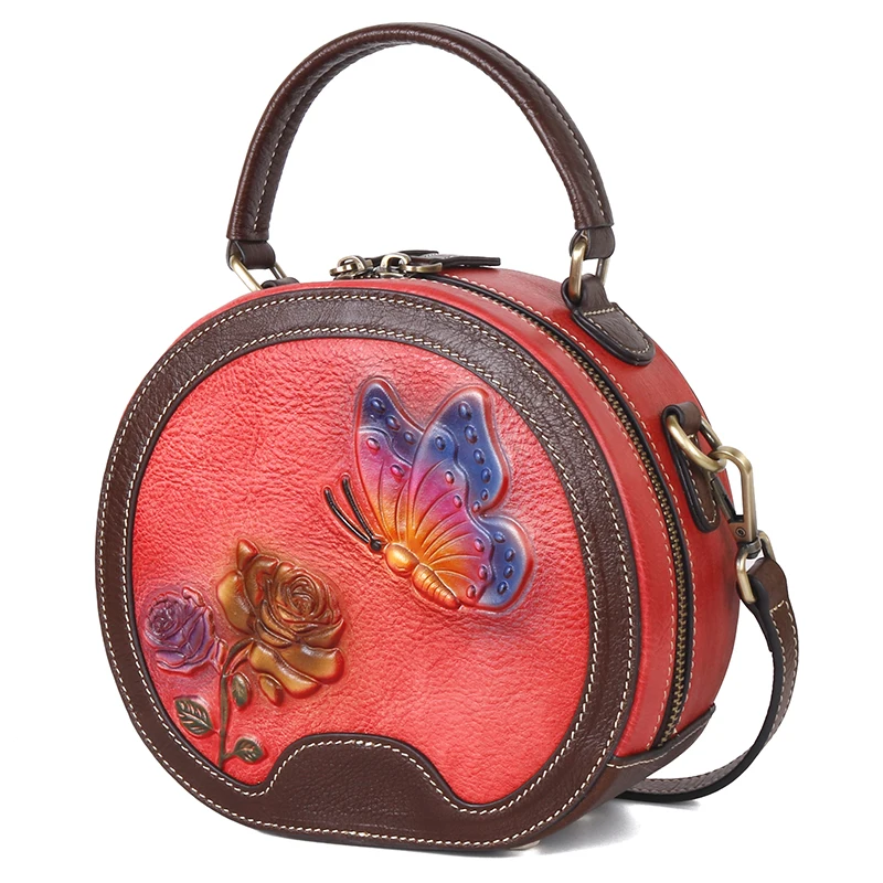 Женская маленькая сумка-тоут из натуральной кожи, сумка-мессенджер, Цветочная Ретро сумка из натуральной кожи, круговая женская сумка, сумки через плечо