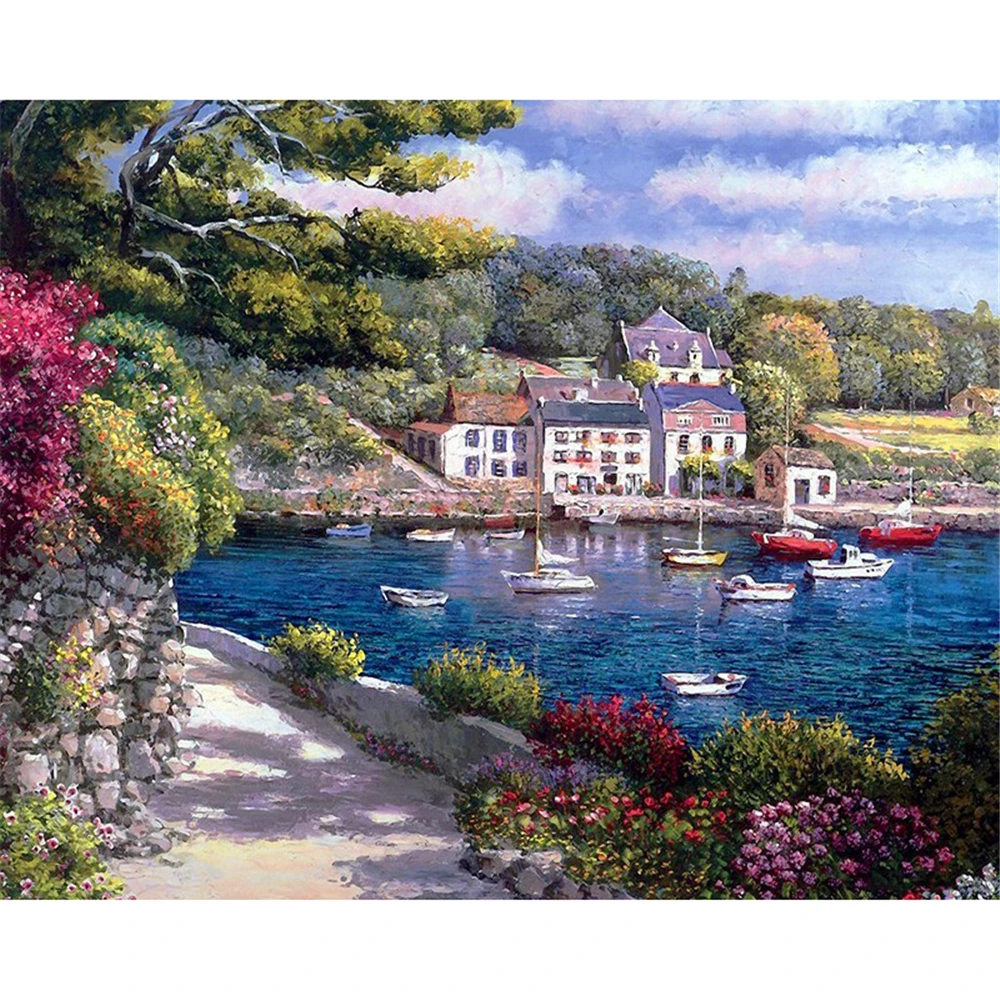 

Mediterranean Boat 40X50cm Painting By Numbers with Combo Inner Frame and Colorful Paper Box Package and Color Baselines Canvas
