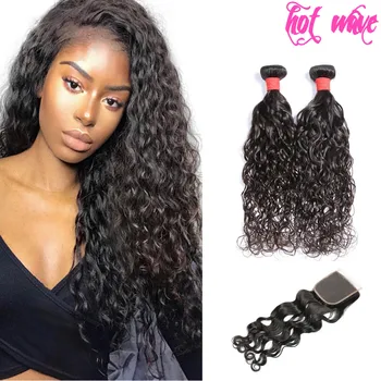 

Hot Wave Remy Brazilian Human Hair Weave Bundles With Frontal Lace Closure Extension for Women Black Water Wave 4X4 Free Part