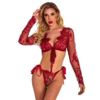 

Women Underwear Set Sexy Bra Set Lace Bandage Top Thong G-string Set Cardigan Blouse Lingerie Set кружевное белье #2A13