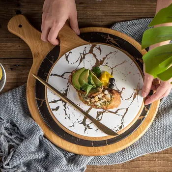 

Nordic Golden Marble Ceramic Western Steak Plate Modern Hotel Restaurant Round Dessert Snack Sushi Fruit Tray Kitchen Tableware