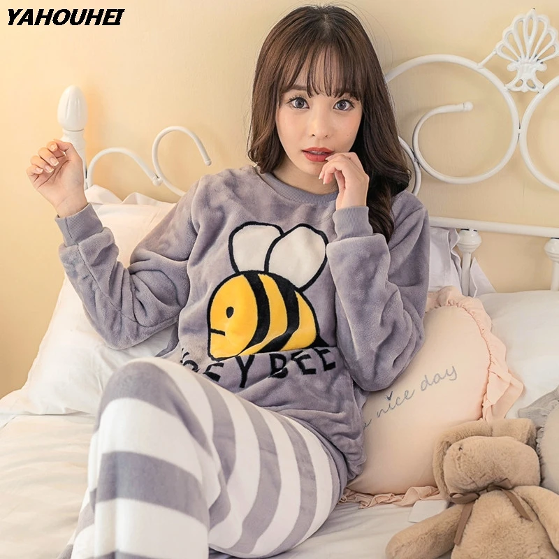 Thick Warm Flannel Pajama Sets For Women Winter Long Sleeve Coral Velvet Pyjama Girls Cute Cartoon Honey Bee Sleepwear Suit