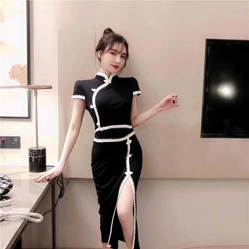 Ретро-табличка в китайском стиле, с пряжкой, Cheongsam, сексуальные, открытые, длинные, вечерние, черные, женские, с высокой талией, с короткими рукавами, для ночного клуба