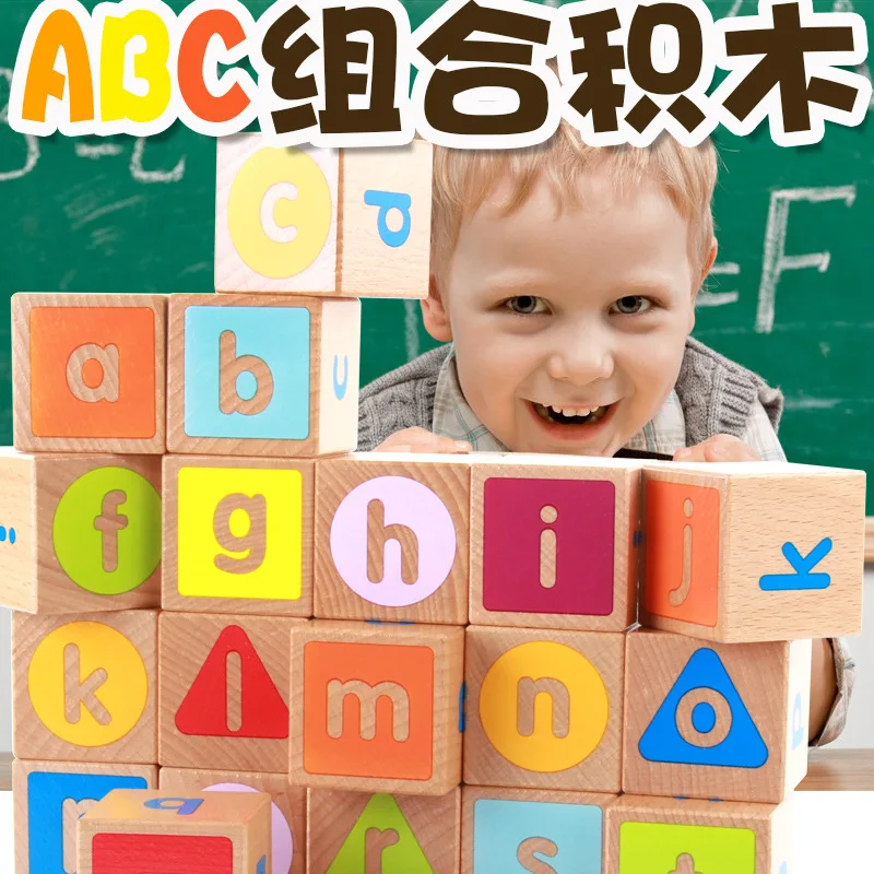 

Children's wooden blocks English learning abc letters 26 building blocks animal cognitive puzzle combination game gift 6 faces