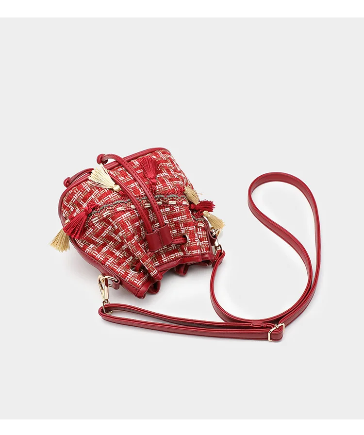 Luxury Brand Handbag Women's Bag Quilted tweed Busket bag Fashion Lady Bohemia Tassel Bags Female Drawstring Crossbody Bag Purse (4)